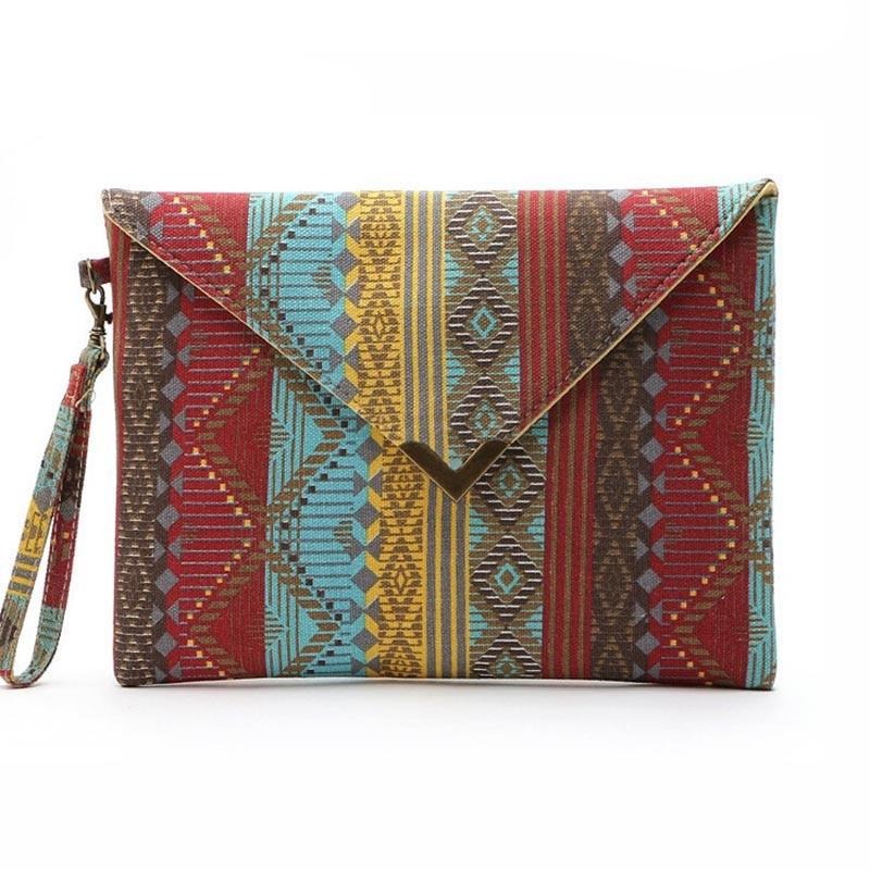 Sac Cabas Vintage Ethnique En Toile Avec Pochette - Couleur Brique/orange, Motifs Floraux, Fait Main Thaïlande